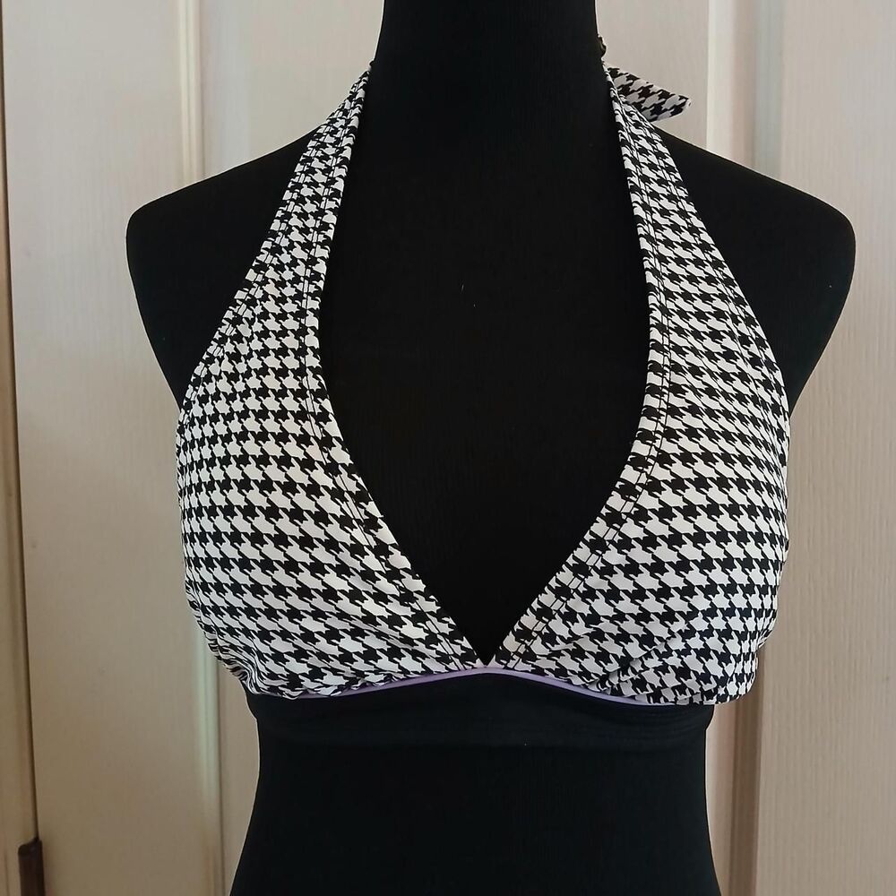 Y2K Style Black/White Houndstooth Halter Neck Bikini Top S Grunge Indie Skater